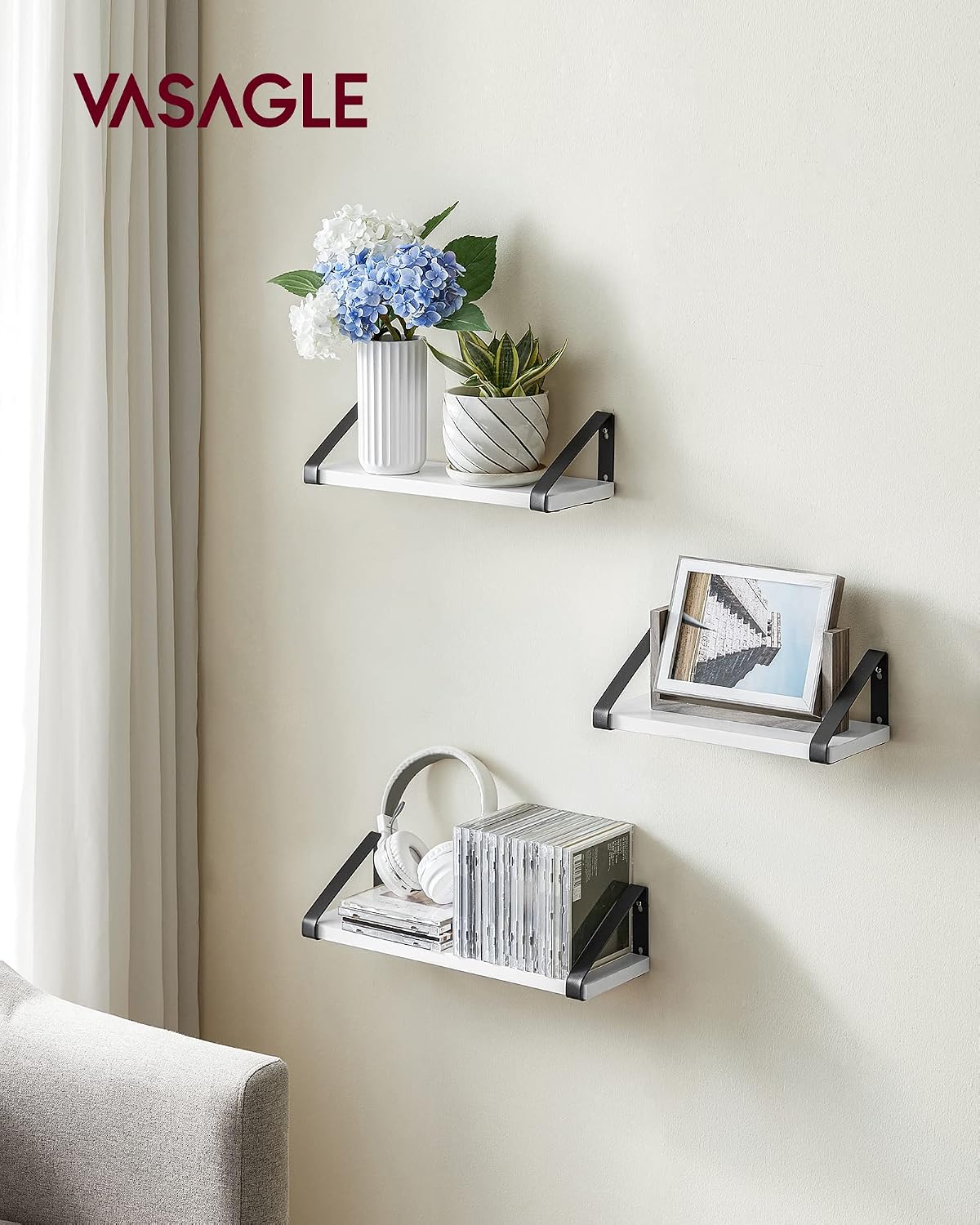 Detalle 2 de VASAGLE LWS033B14 Floating Wall Shelves, Set of 3, White and Matte Black