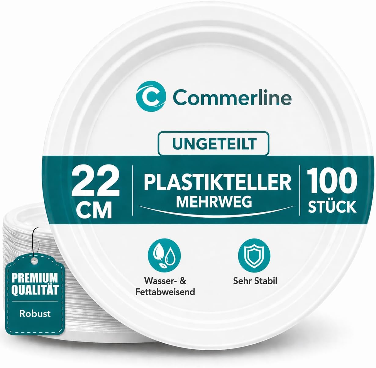 Commerline Plastikteller 100 Stück Ungeteilt Ø22 cm – spülmaschinenfest und vielseitig einsetzbar