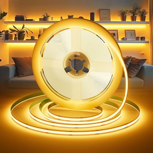 Detalle de COB LED-Streifen 5M 2700K Warmweiß (24V, 36W, 480 LEDs) von Ylatoial – dimmbar mit Adapter