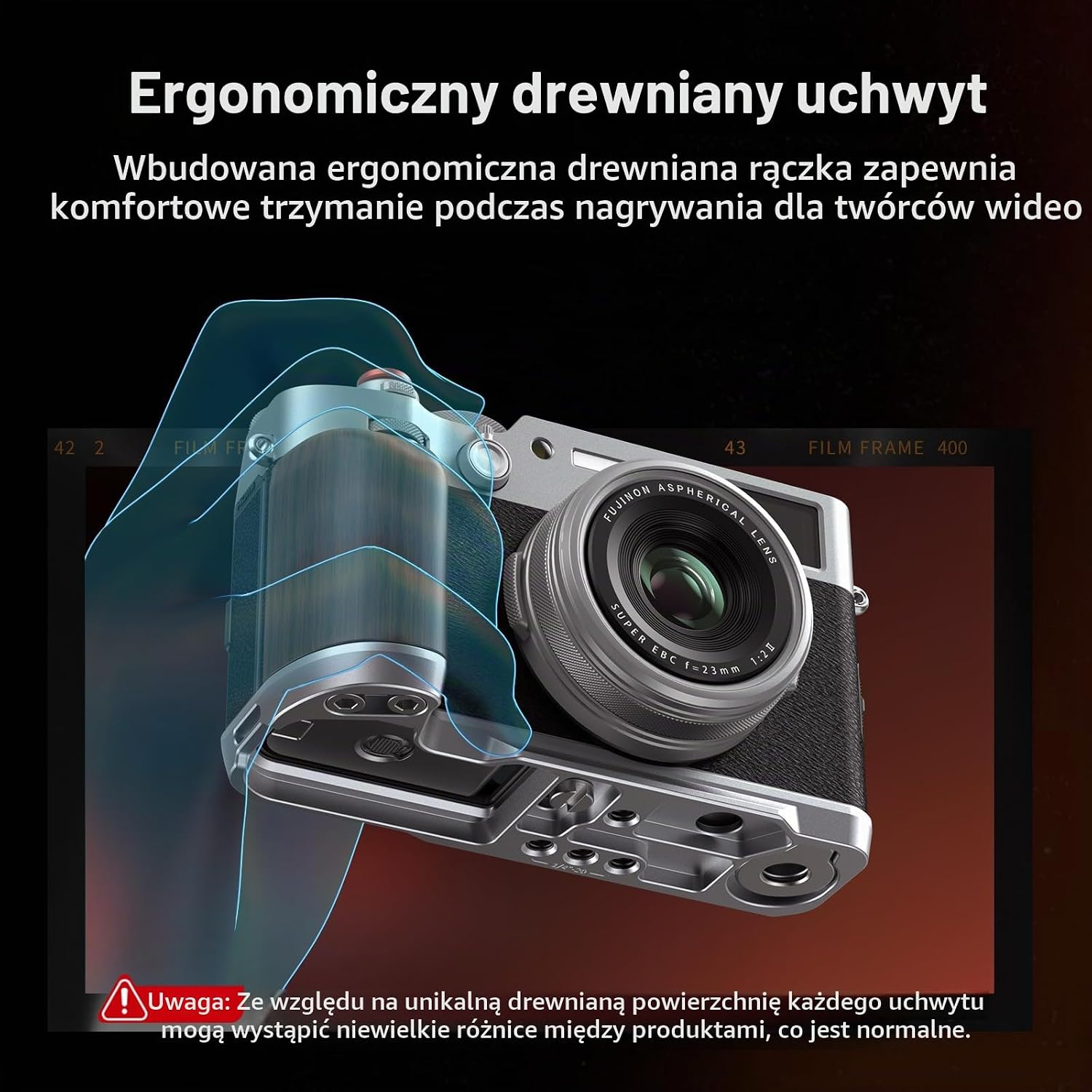 Detalle de SMALLRIG 4804 – drewniany uchwyt L do Fujifilm X100VI/X100V z płytką Arca