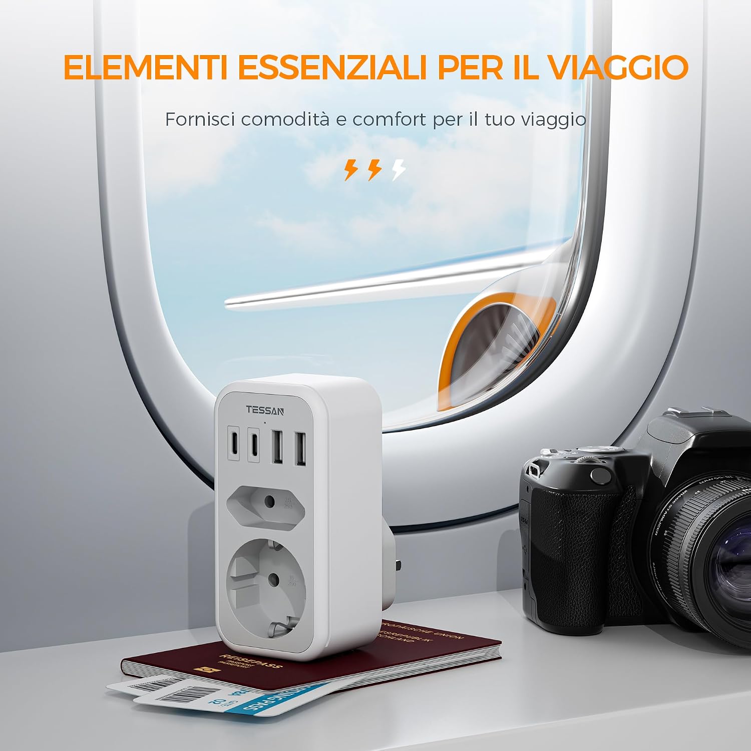 Detalle de TESSAN Adattatore Presa Inglese a Spina Italiana 6 in 1 con 2 USB-C e 2 USB-A: la soluzione compatta per viaggiatori