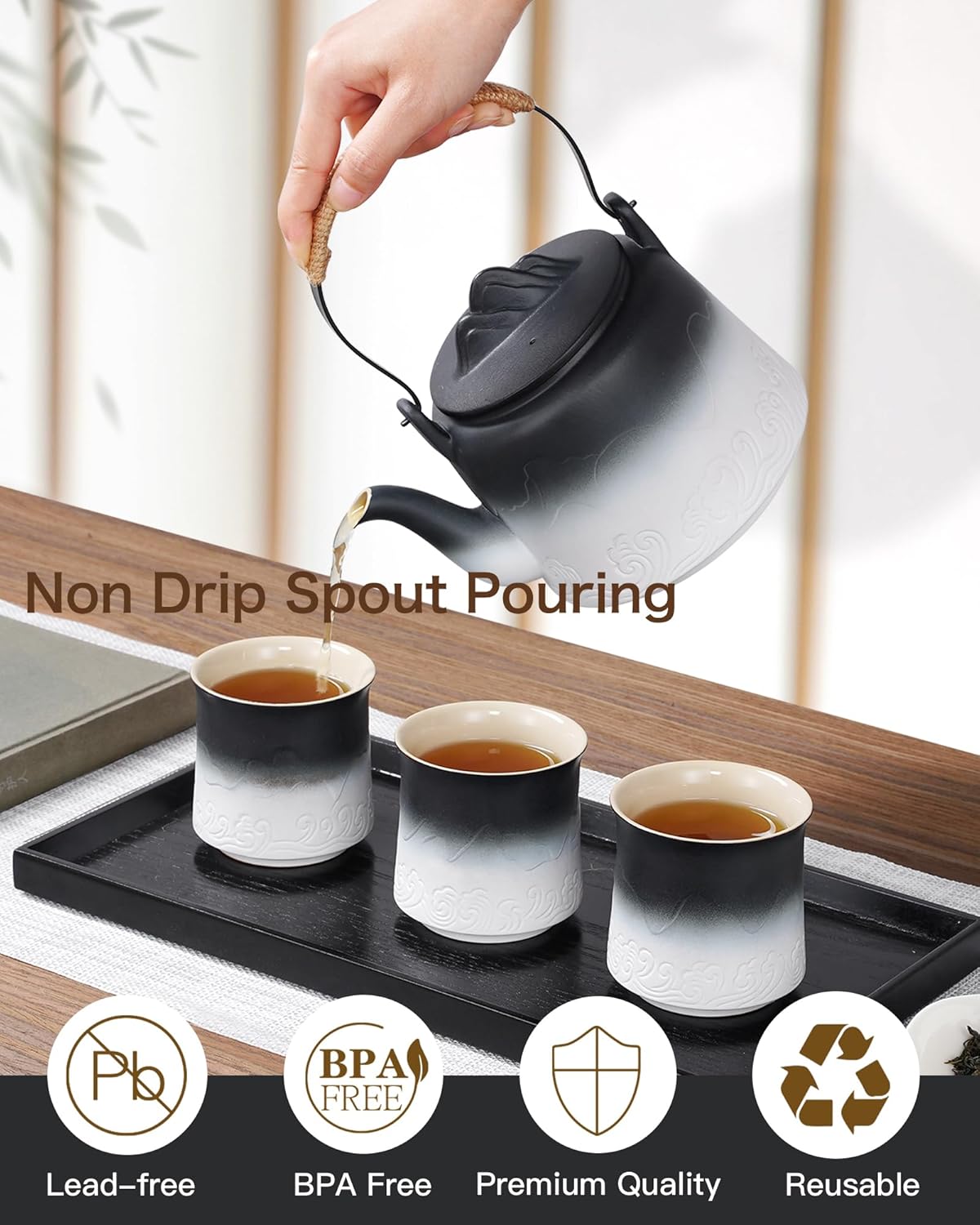Detalle de ZENS Vintage Japanese Tea Set – 1000ml embossed teapot with built-in strainer, 4 cups