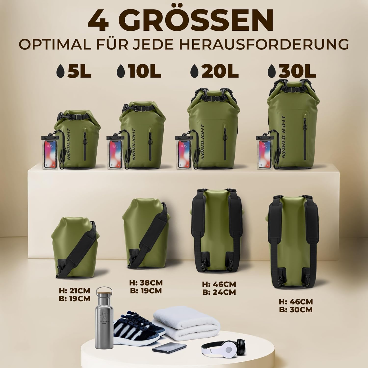 Thumbnail 2 de Nordlight Dry Bag 30 Liter wasserdichte Tasche mit Handyhülle (Roll-Top, Schultergurt) – Olivgrün