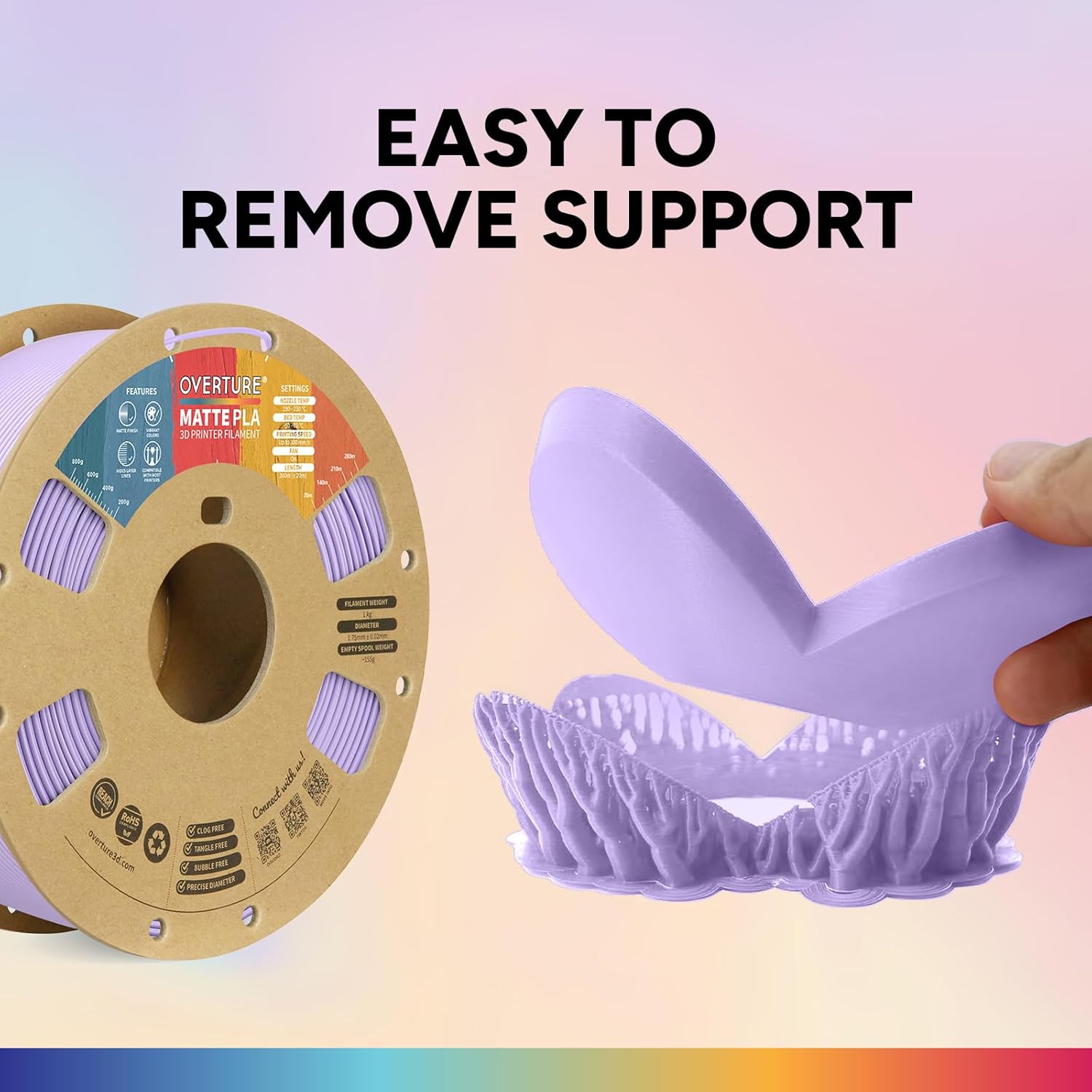 Thumbnail 5 de Overture Matte PLA Filament 1.75 mm – Flieder, 1 kg Spule, Toleranz ±0,02 mm