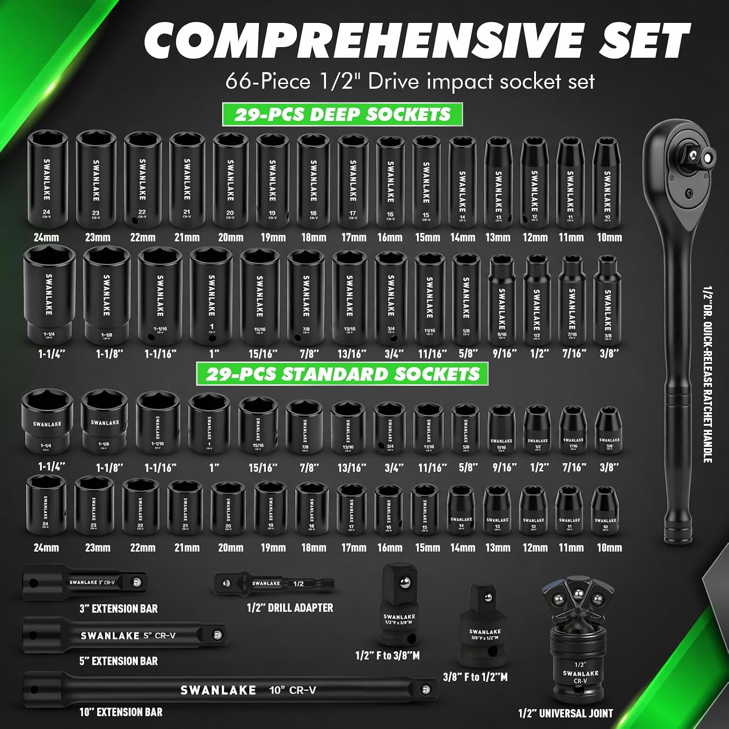Thumbnail 1 de SWANLAKE GARDEN TOOLS 66227 66-Piece 1/2-Inch Drive Impact Socket Set