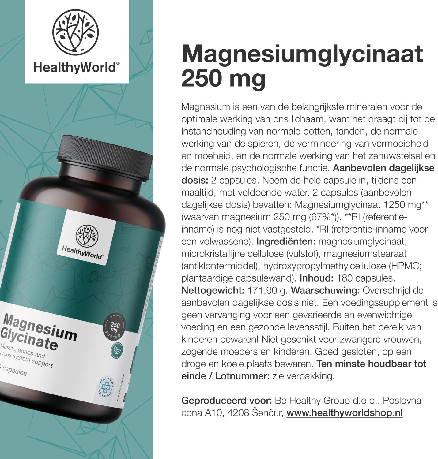 Thumbnail 6 de HealthyWorld Magnesiumglycinaat, 180 plantaardige capsules met 125 mg magnesium