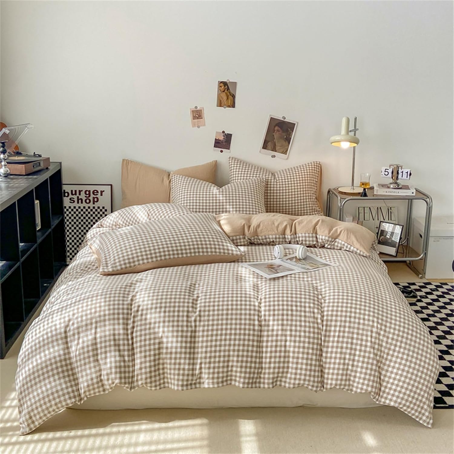 Thumbnail 4 de Covebett Housse de Couette 220x240 – Carreaux Vichy Beige et Marron, Microfibre, 2 Taies 65x65
