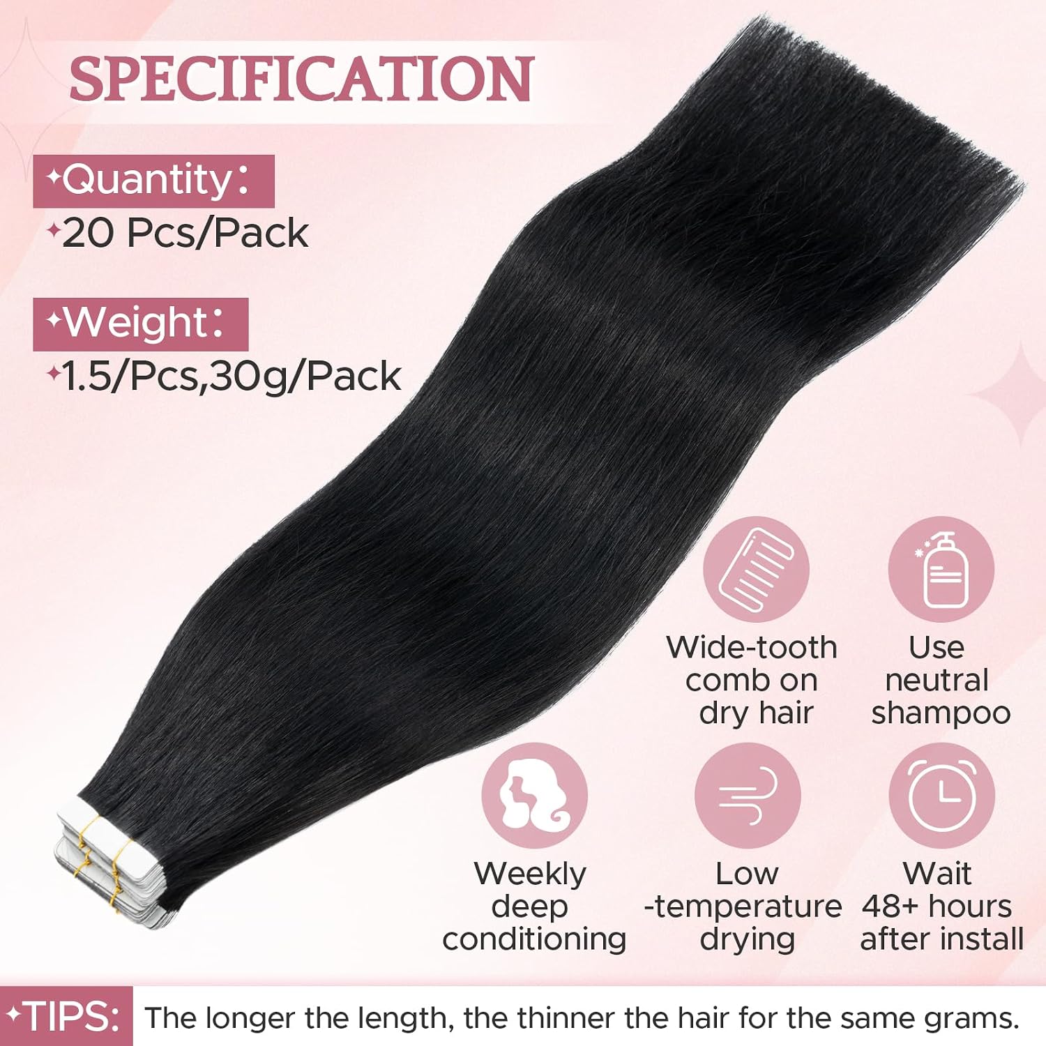 Detalle de SEGO Extensions Cheveux Naturel Adhésives Lisses et Légères – 20 Pièces, Bande Adhésive Blanche, 40 cm
