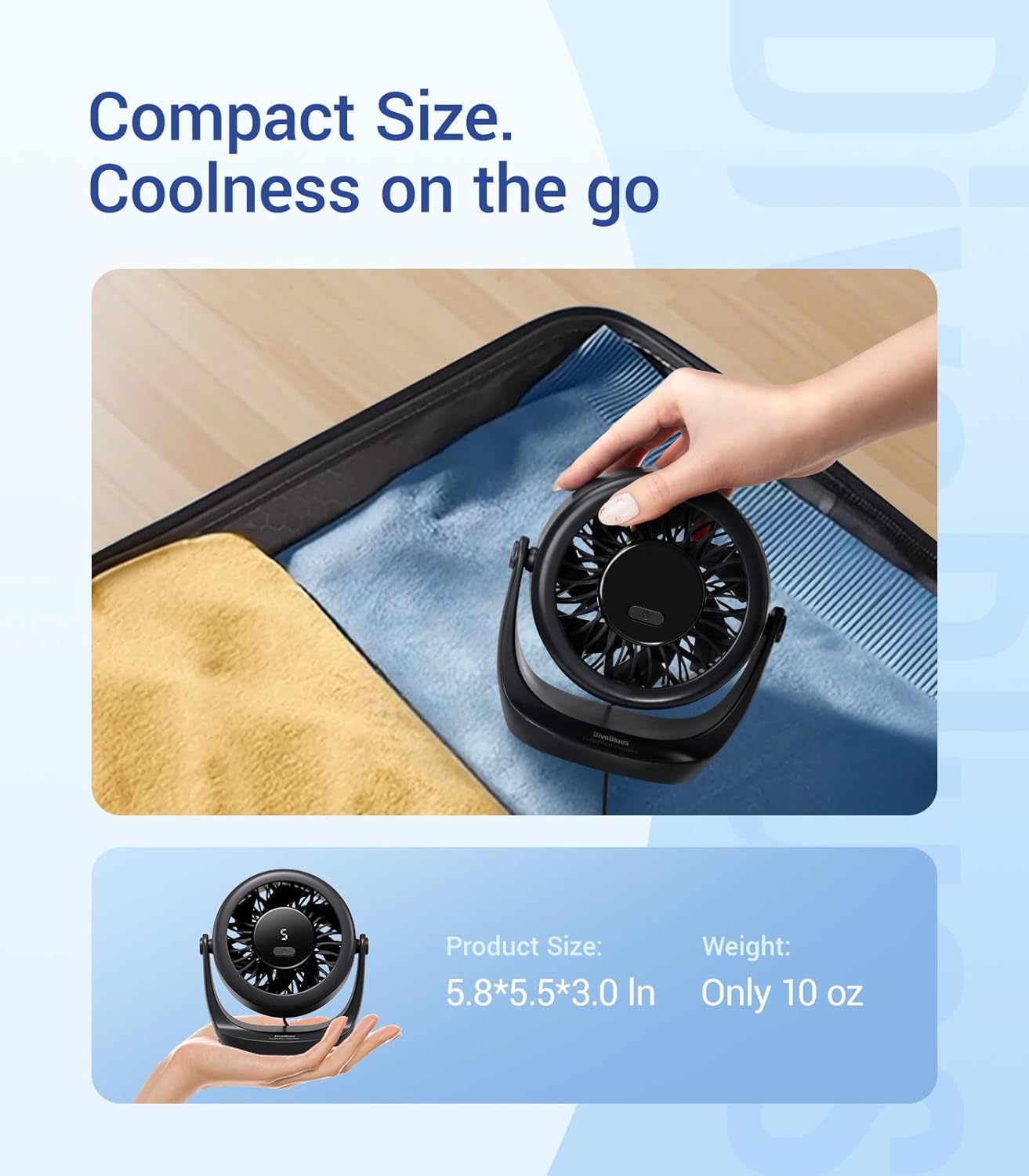 Thumbnail 6 de Diveblues USB Desk Turbo Fan (TurboBreeze) – Ultra-Quiet, 5-Speed Portable Desk Fan with 360° Rotation