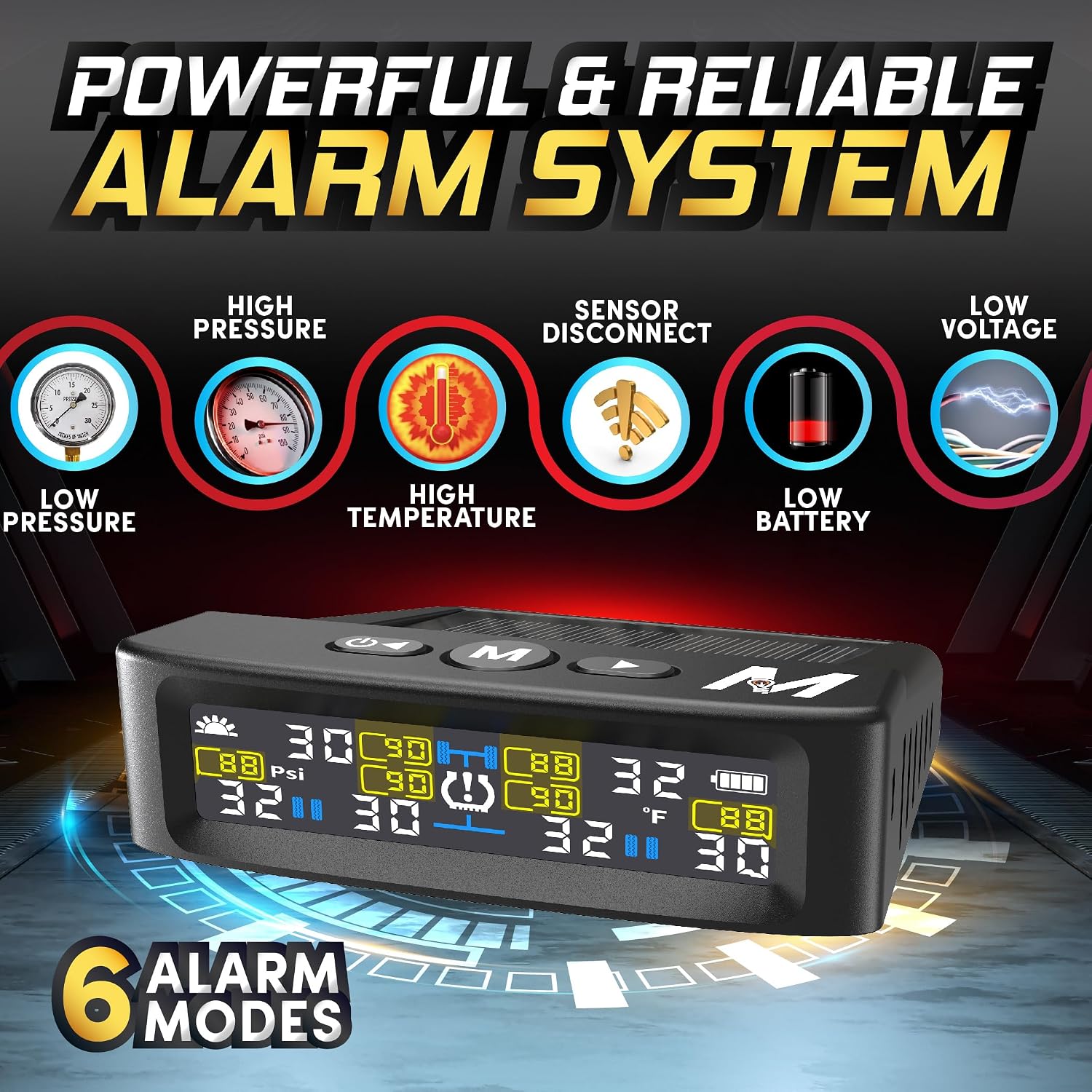 Thumbnail 1 de Marcala 2026 V2.0 Trailer TPMS Set (6 Sensors) – Extended 32-Foot Range, 0-144 PSI, Solar/USB Power