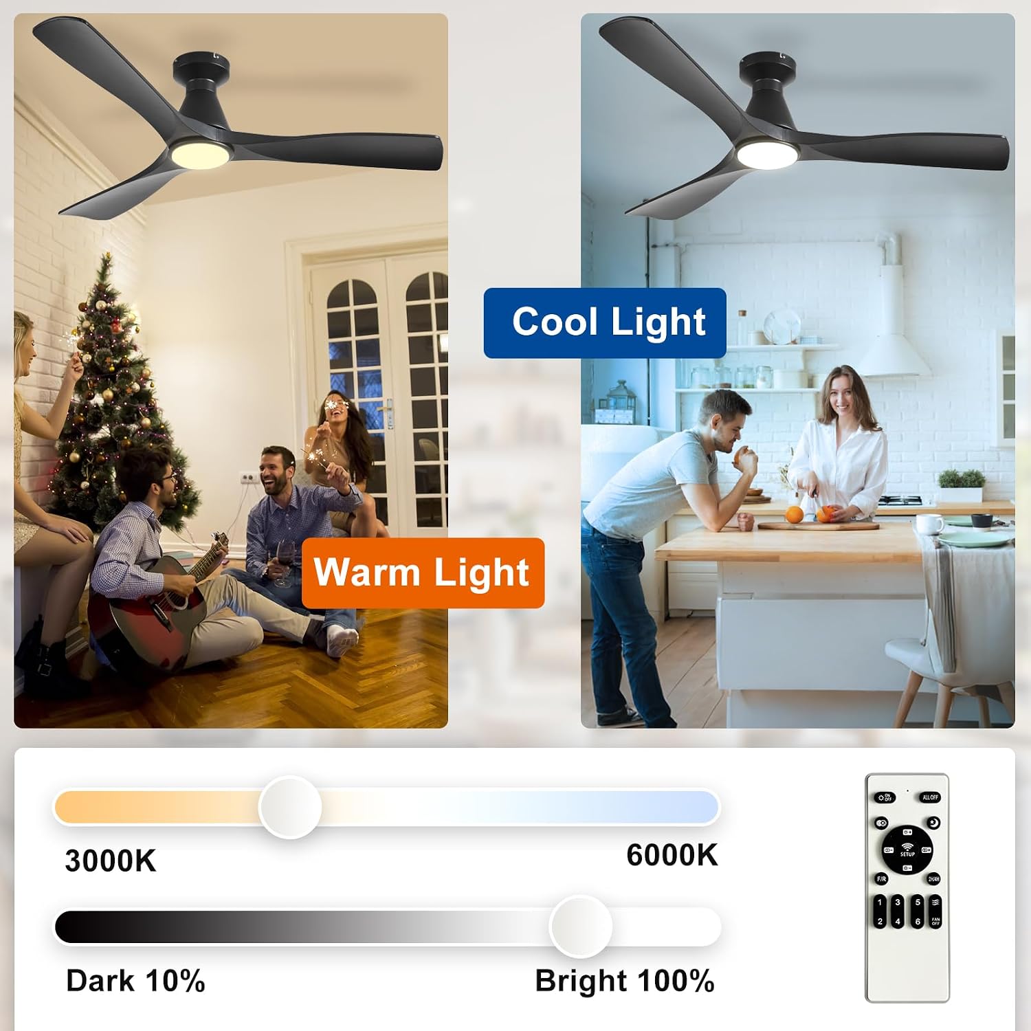 Thumbnail 6 de Depuley 52-Inch Flush Mount Ceiling Fan with Lights — Black 3-Blade, DC Motor, Remote