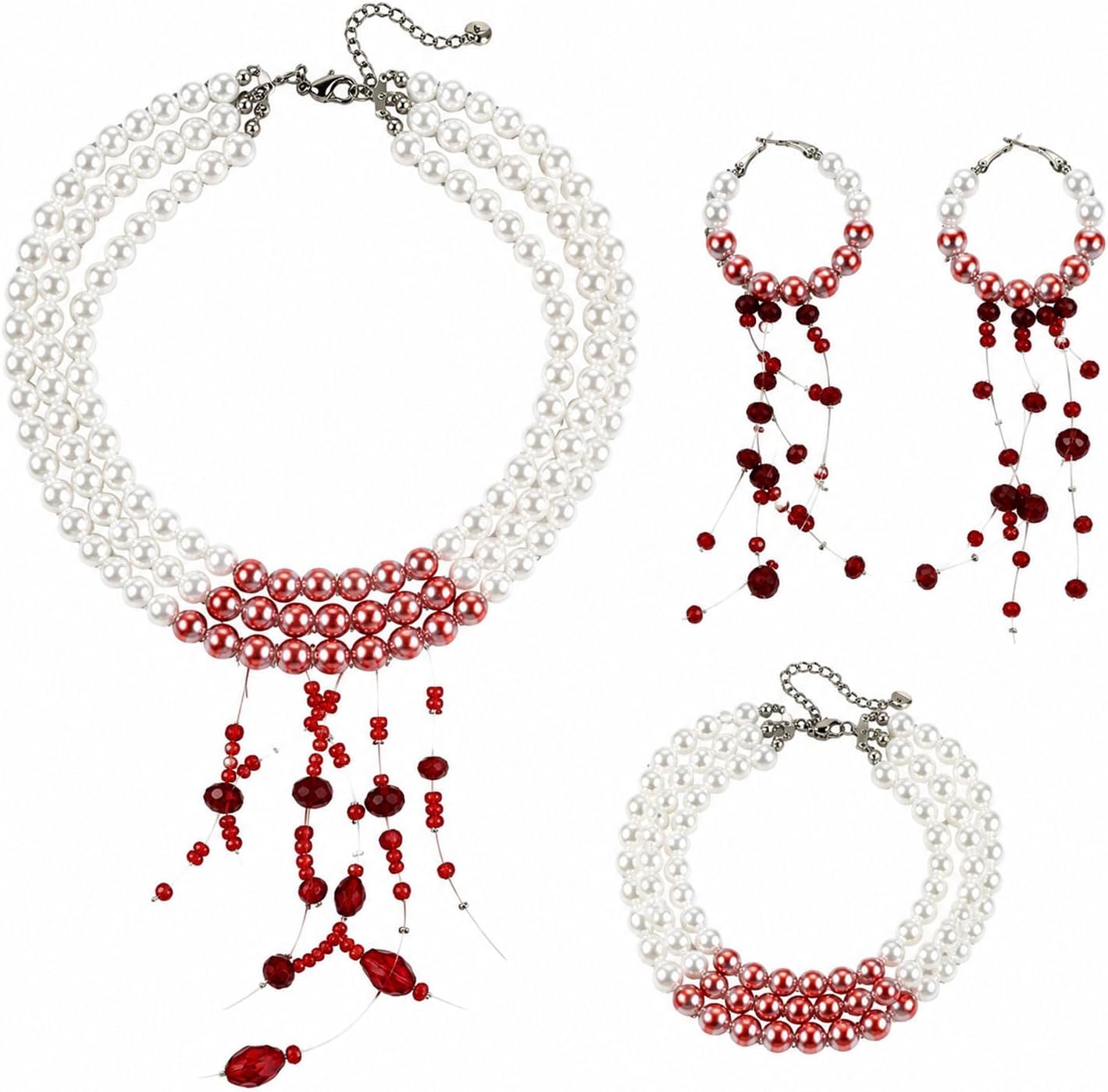 Cuxawamiyo collar gótico de perlas con pulsera, pendientes y gotas rojas