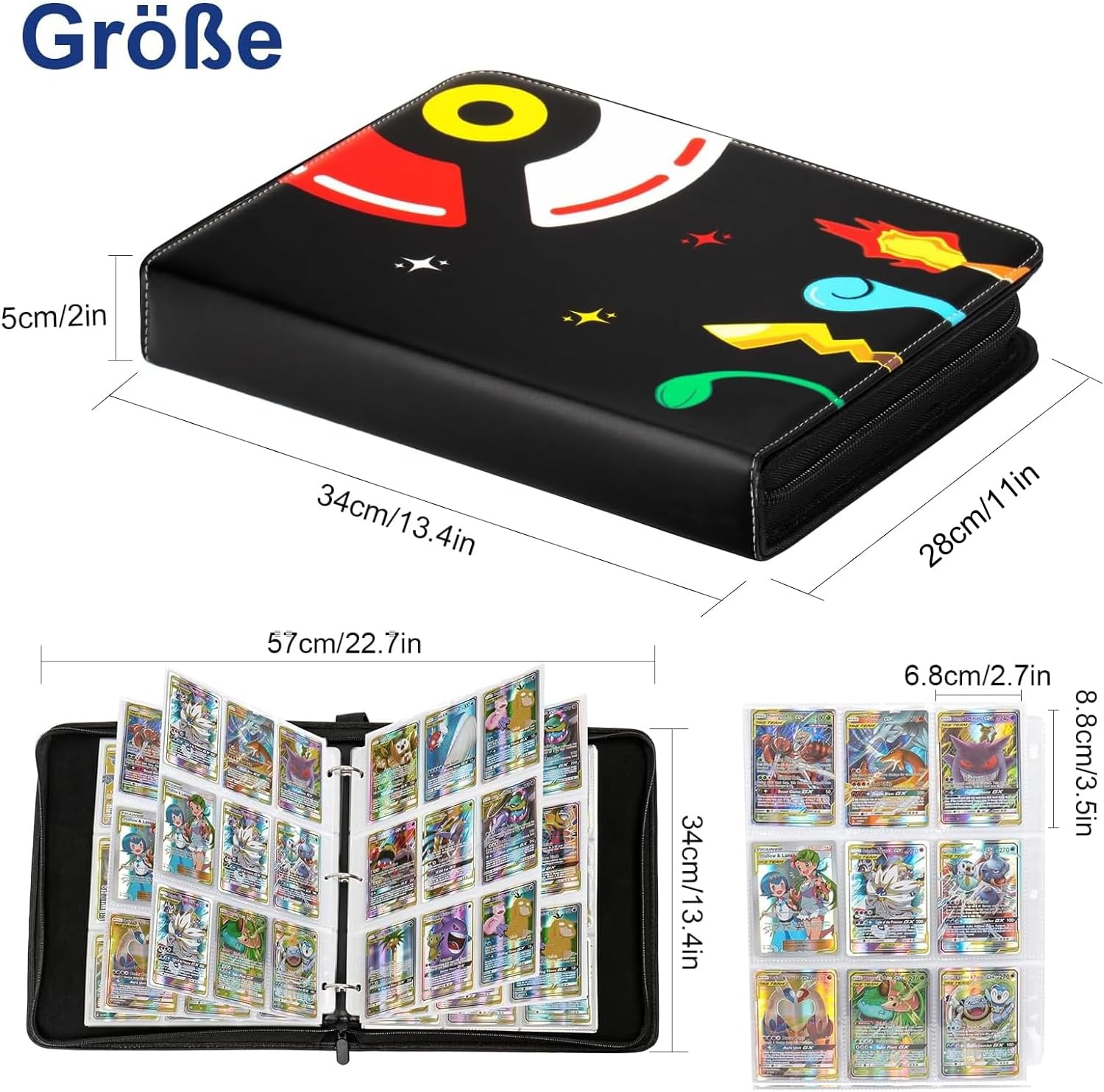 Detalle de Sammelalbum für Pokémon Karten – 50 Seiten, 900 Taschen, wasserdichtes PU Kartenhalter-Heft mit Reißverschluss
