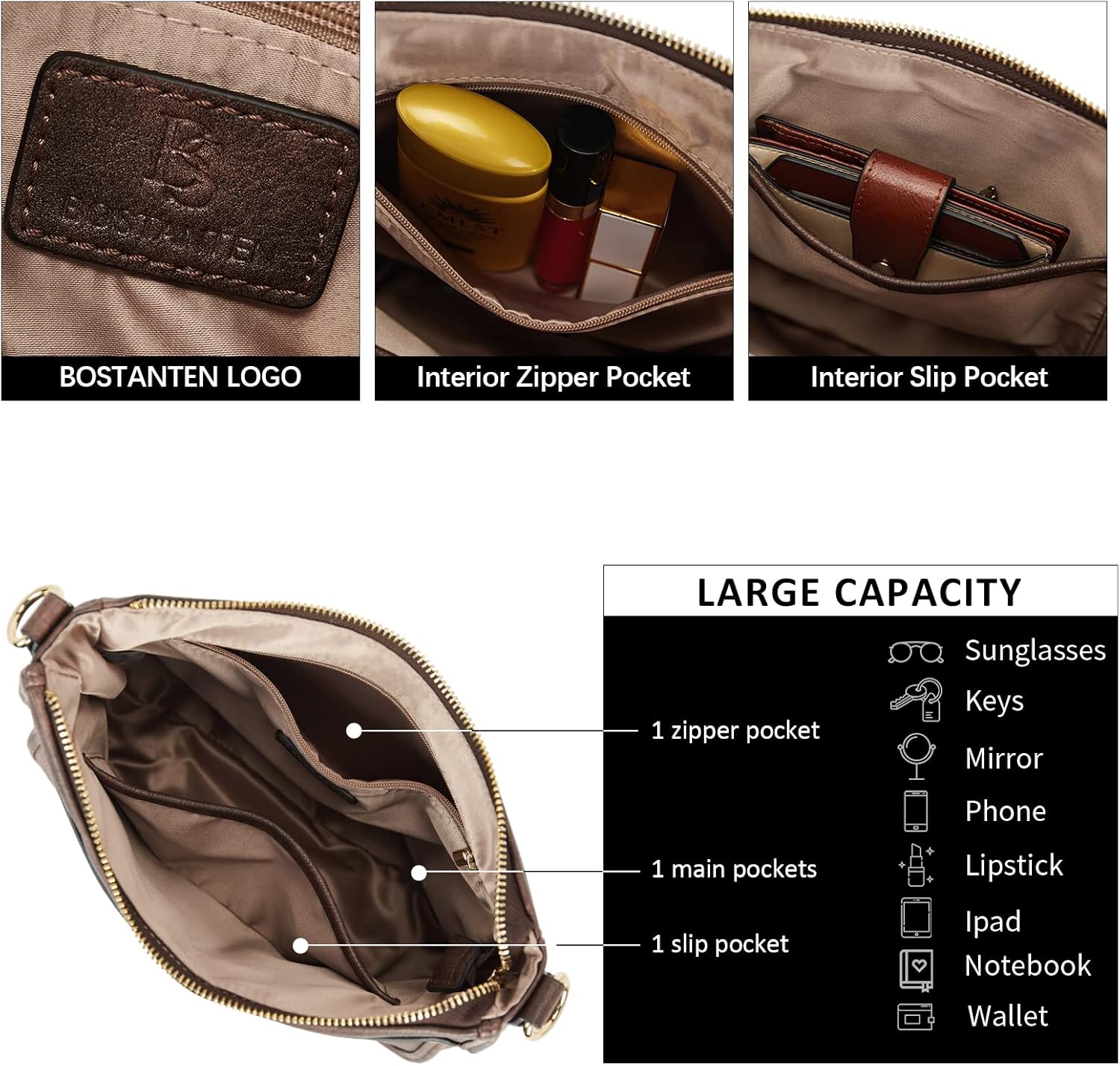 Thumbnail 4 de BOSTANTEN Crossbody Bags for Women – Vegan PU Leather Hobo with Wide 5cm Strap in Coffee