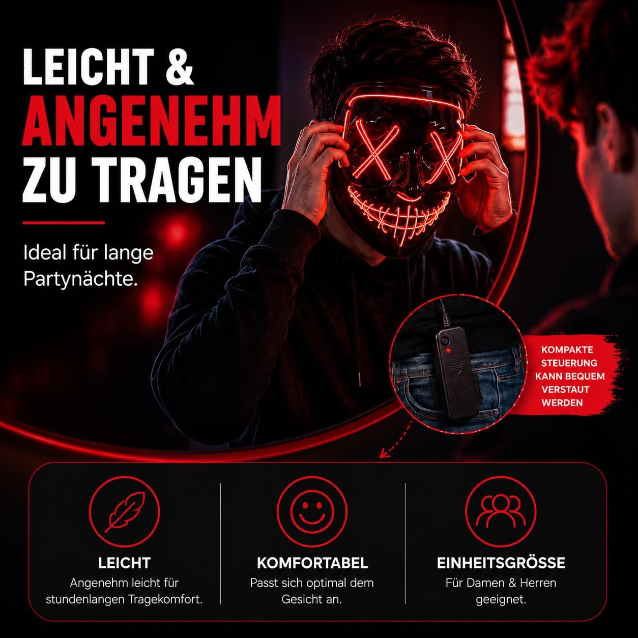 Detalle 2 de FASCHINFEVER Purge led-masker met bedienbare lichtstanden en kleurkeuze