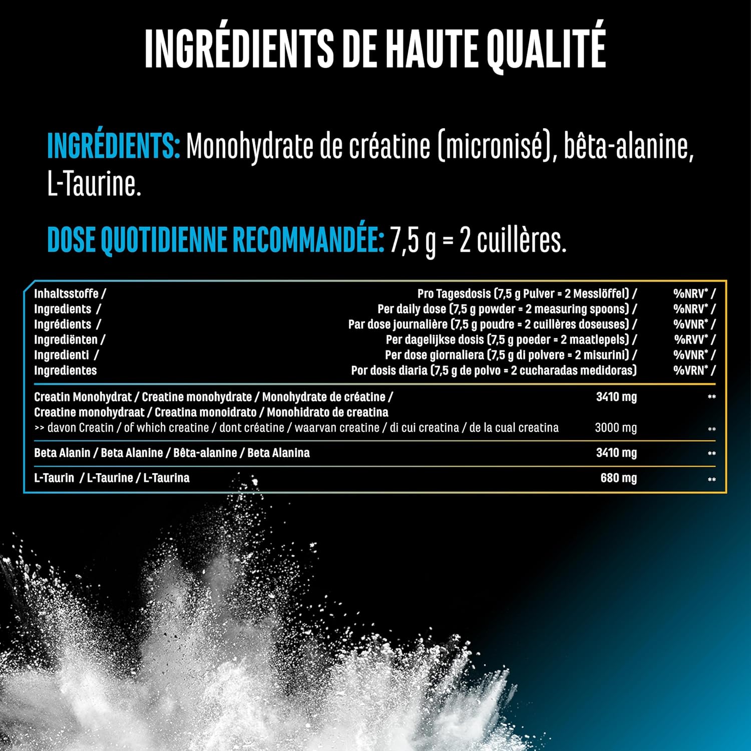 Thumbnail 4 de Creatin Beta Alanin Stack - Poudre 750 g : Créatine Monohydrate, Bêta-Alanine et L-Taurine, vegan et micronisée