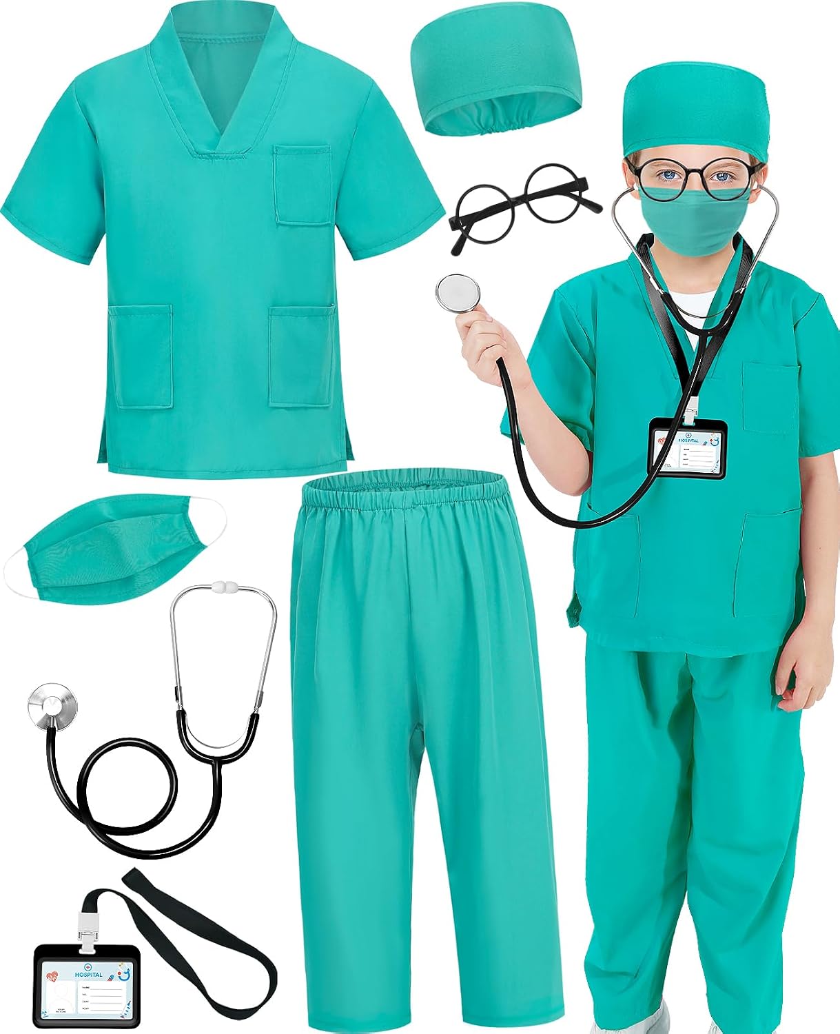 Detalle de Wuclad 7-Piece Kids Doctor Costume with Scrubs and Working Stethoscope