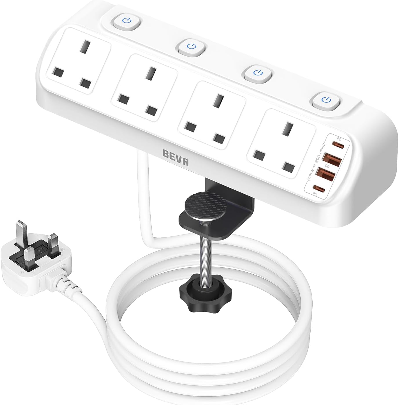 Detalle de BEVA 4-Way Desk Extension Lead with Surge Protection and 4 USB Ports (PD20W) – White, 1.8m