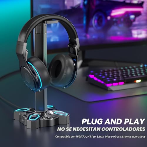 Detalle 2 de KDD Led: Soporte para Auriculares Gaming con 2 Puertos USB y Puerto Type‑C