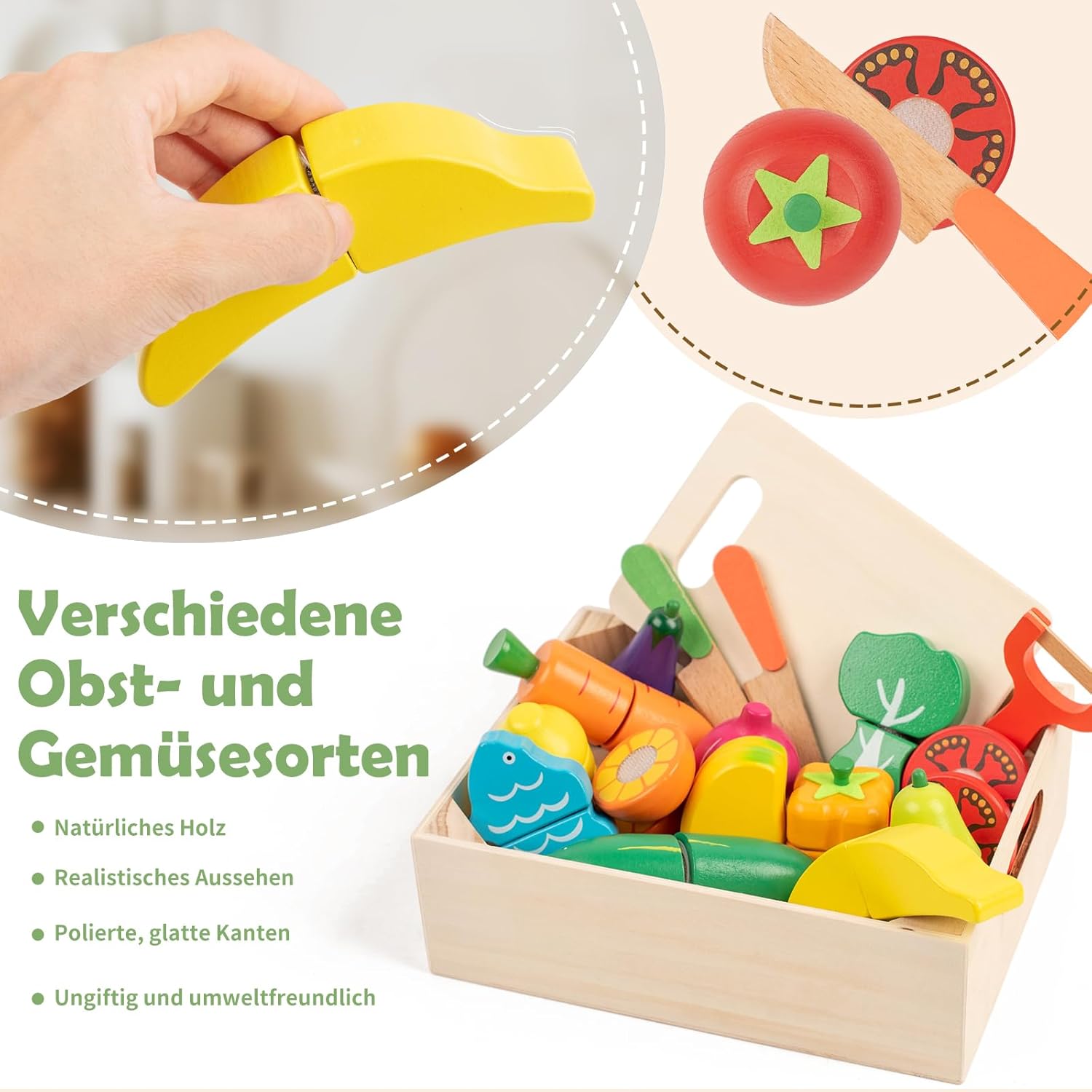 Thumbnail 1 de FMSKS Kinderküche Zubehör aus Holz – ab 3 Jahren, Klettverschluss, 32 Stück (Lernspielzeug)