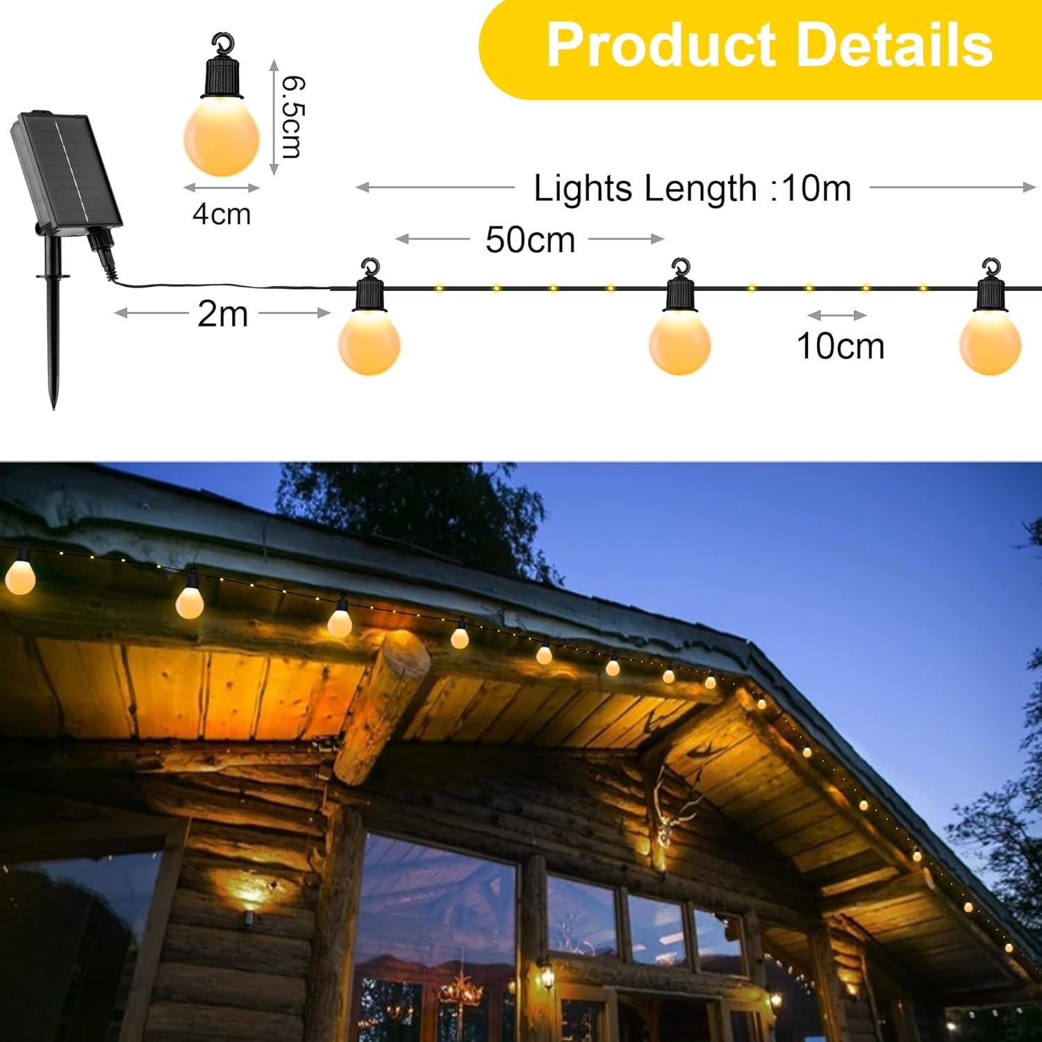 Thumbnail 5 de Tacobey Solar String Lights Outdoor Garden (32.8Ft/10m, 100 LED, 20 shatterproof G40 bulbs) – Warm White