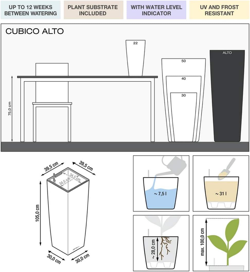 Thumbnail 1 de Lechuza Pot de Fleurs d'Intérieur Premium Cubico Alto – Blanc, 40 × 40 × 105 cm