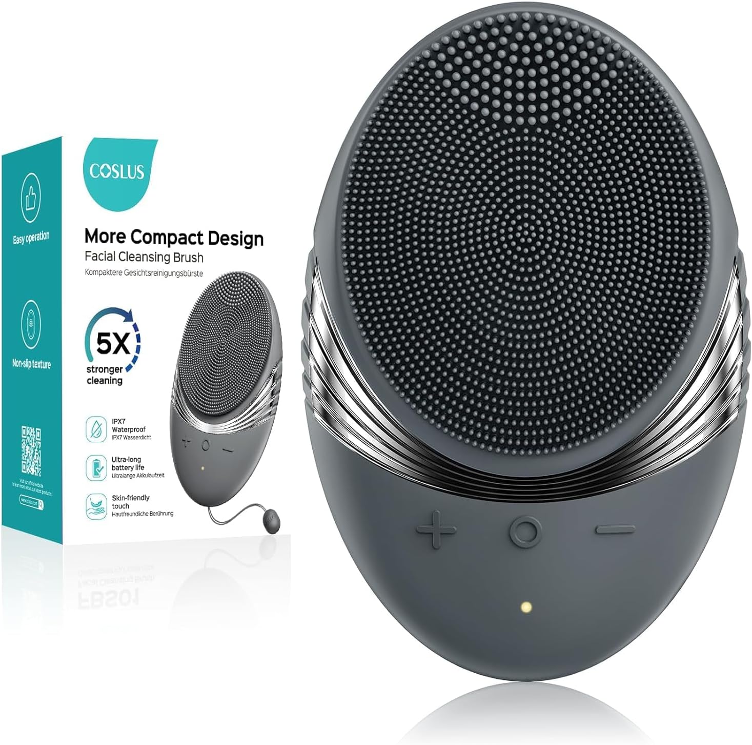 Detalle de COSLUS FBS01 rechargeable silicone face scrubber with 5 cleaning modes (IPX7 waterproof) – Black