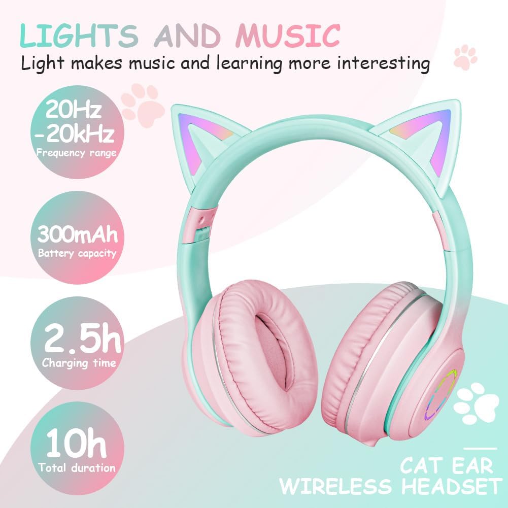 Detalle de AXFEE Bluetooth-Kinder-Kopfhörer mit Katzenohren – kabelgebunden oder Bluetooth, 105 dB Schutz, LED-Beleuchtung, faltbar