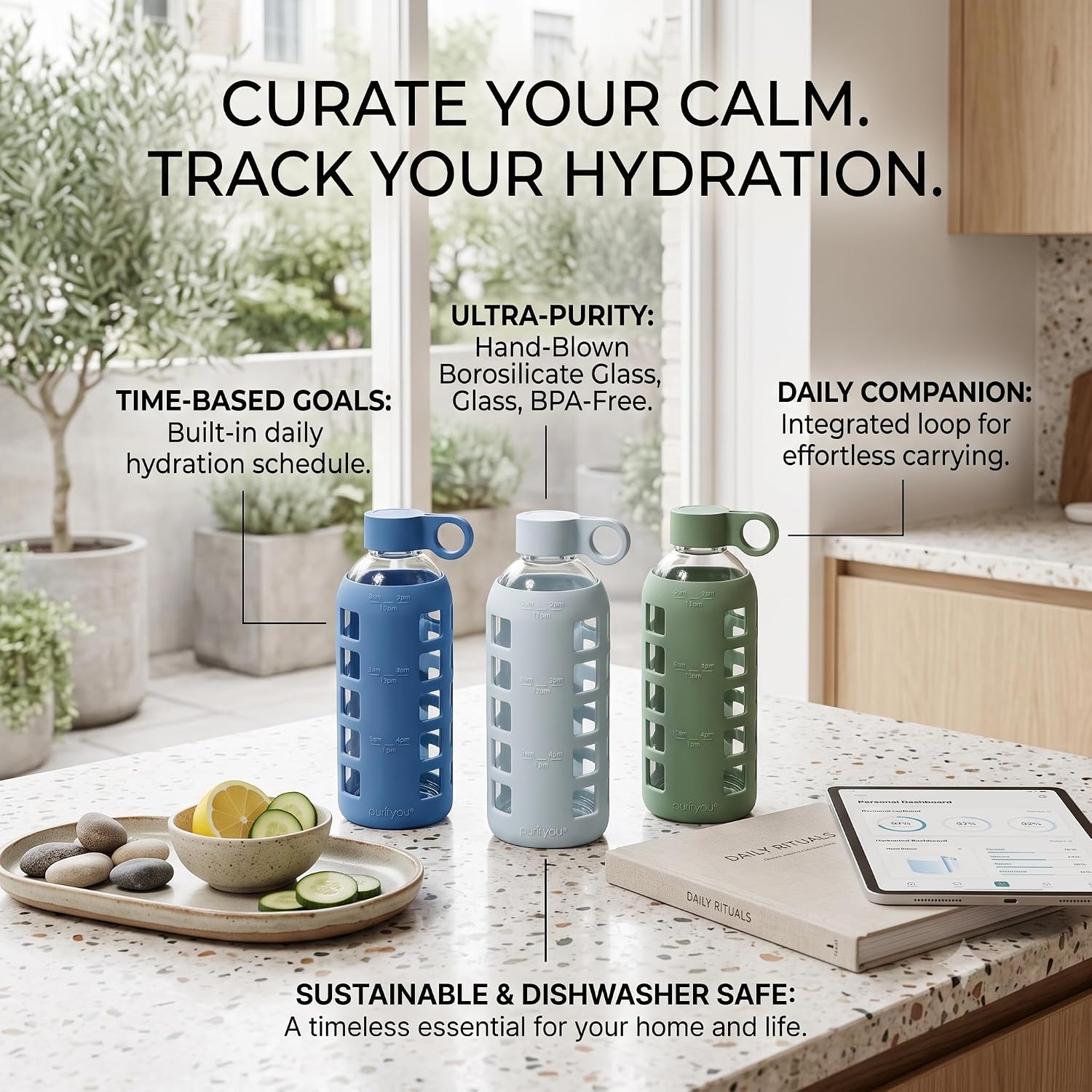 Detalle 2 de purifyou PGWB-22CP 22 oz Borosilicate Glass Water Bottle with Time Markers
