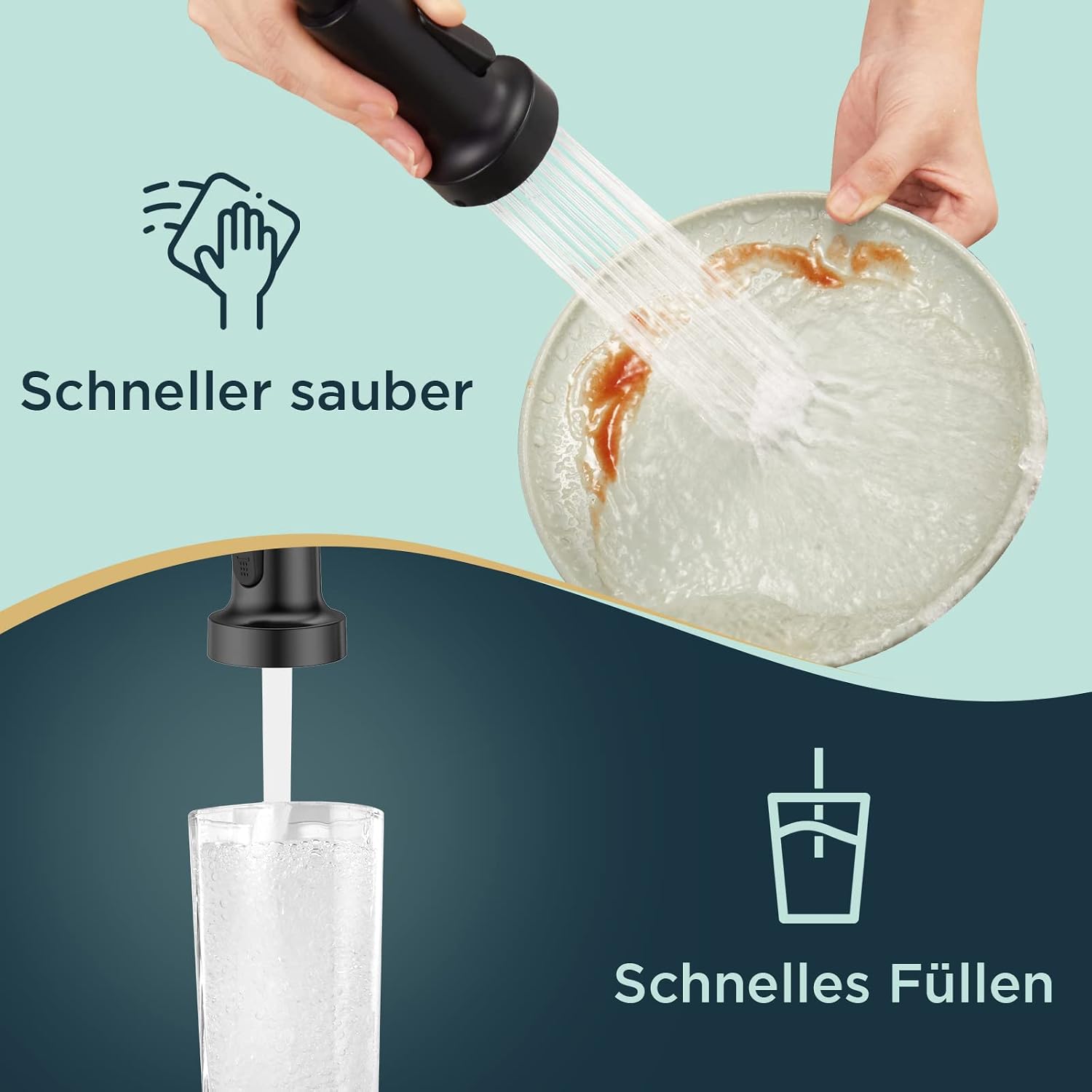 Detalle 2 de FORIOUS Wasserhahn Küche Schwarz Küchenarmatur Hoher Bogen