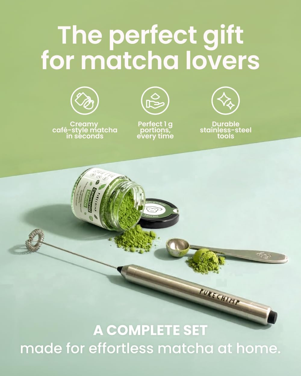 Detalle de PureChimp Modern Matcha Set: Ceremonial Matcha, Electric Whisk & Scoop