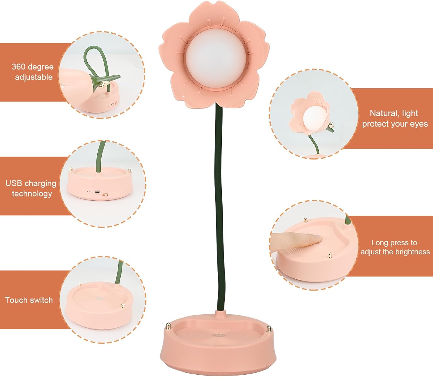 Thumbnail 5 de LED Flower Desk Lamp Cordless Table Light for Children (Pink) with 3 Colour Modes and Dimmable Touch Control