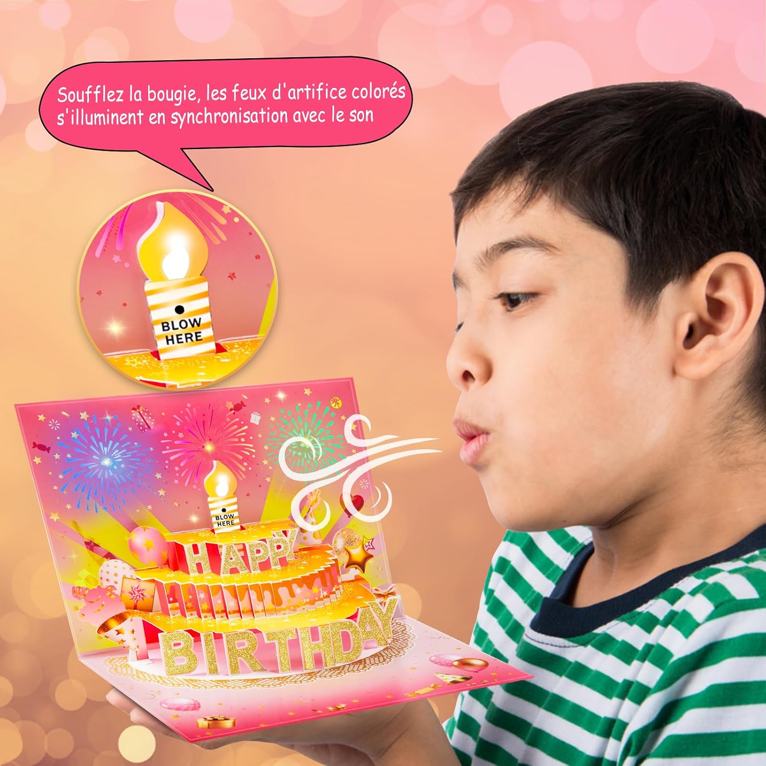 Thumbnail 2 de Carte d'anniversaire pop-up 3D avec lumières et son - bouquet lumineux 4-en-1 en rose et doré