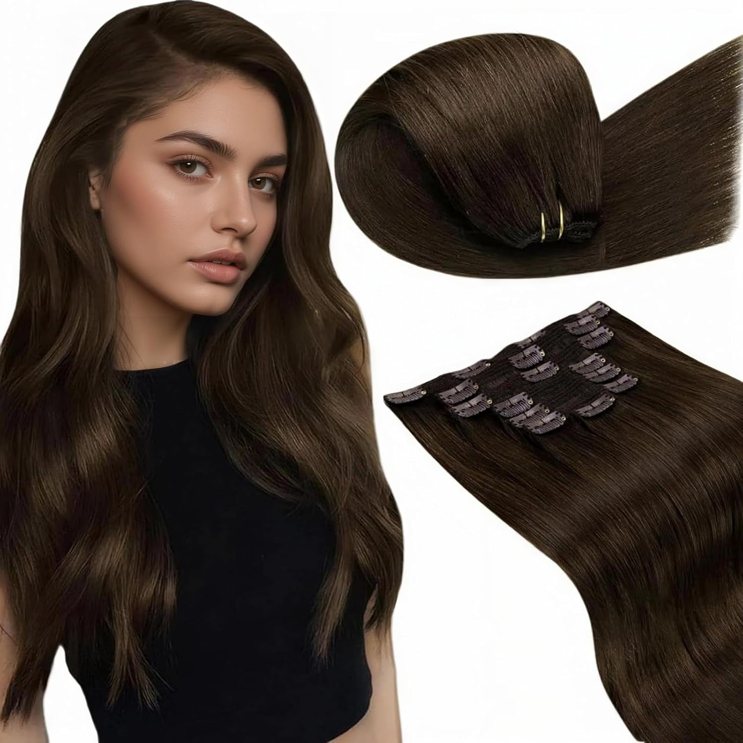 Detalle de LaaVoo Clip-in Echthaar Extensions 60 cm, 150 g, Braun #4 – 7-teilige Tressen
