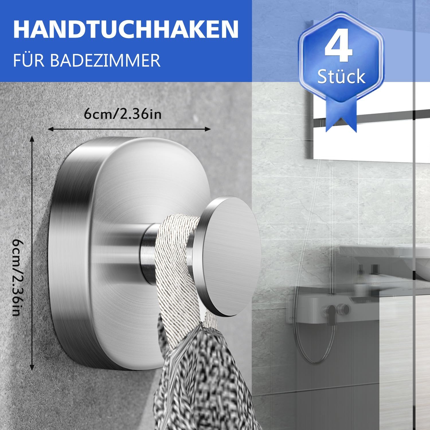 Thumbnail 2 de ZUNTO Handtuchhalter ohne Bohren (4er Set) aus Edelstahl mit Saugnapf-Haken – flexibel, verstellbar, rückstandsfrei