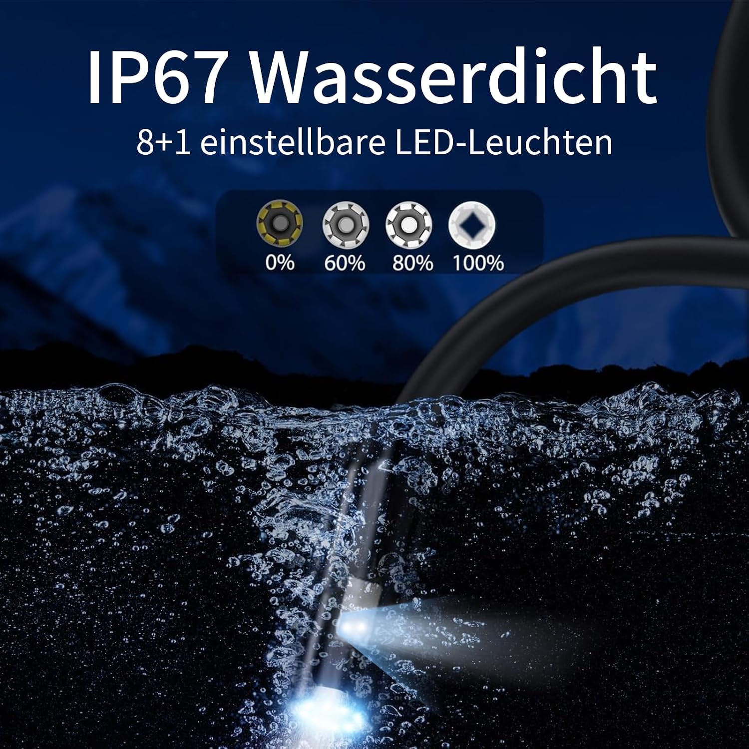 Detalle 2 de AOPICK Dual-Lens Endoskopkamera mit Licht (8 mm, IP67) und 4,3" IPS-Bildschirm – 1080P HD für Rohr- und Kanäleinsichten