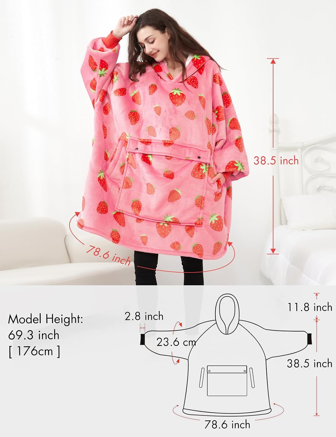 Detalle 2 de KFUBUO Wearable Blanket Hoodie for Adults Sherpa Strawberry Blanket Hoodie