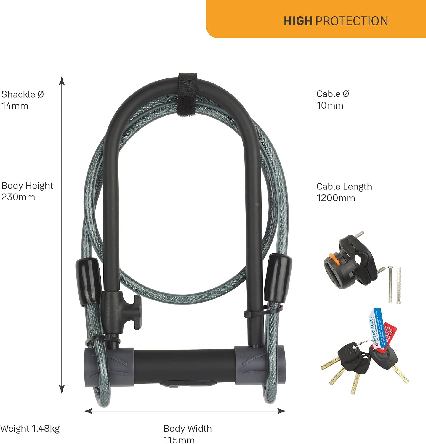 Detalle de Lucchetto a U Yale YUL2C/13/230/1 con cavo e staffa bici – alta sicurezza 230 mm