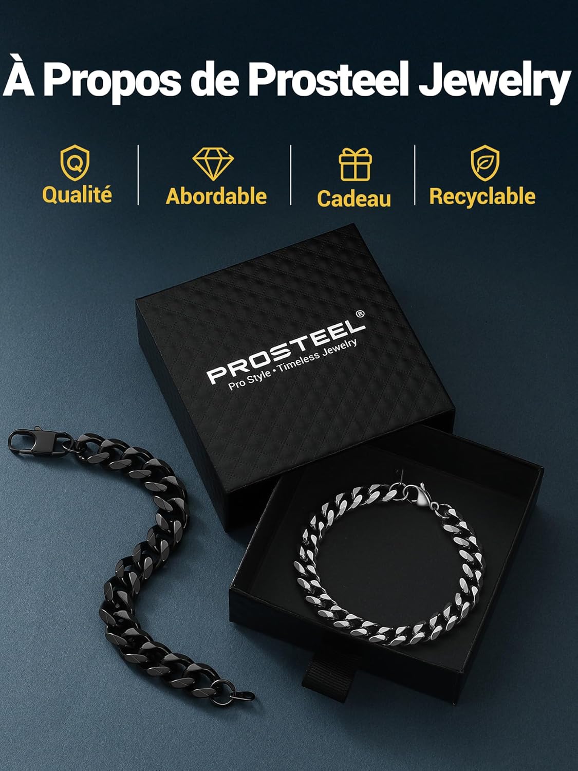 Thumbnail 6 de PROSTEEL Gourmette cubaine en acier inox 316L (maillons cubains) largeur au choix, bracelet homme femme