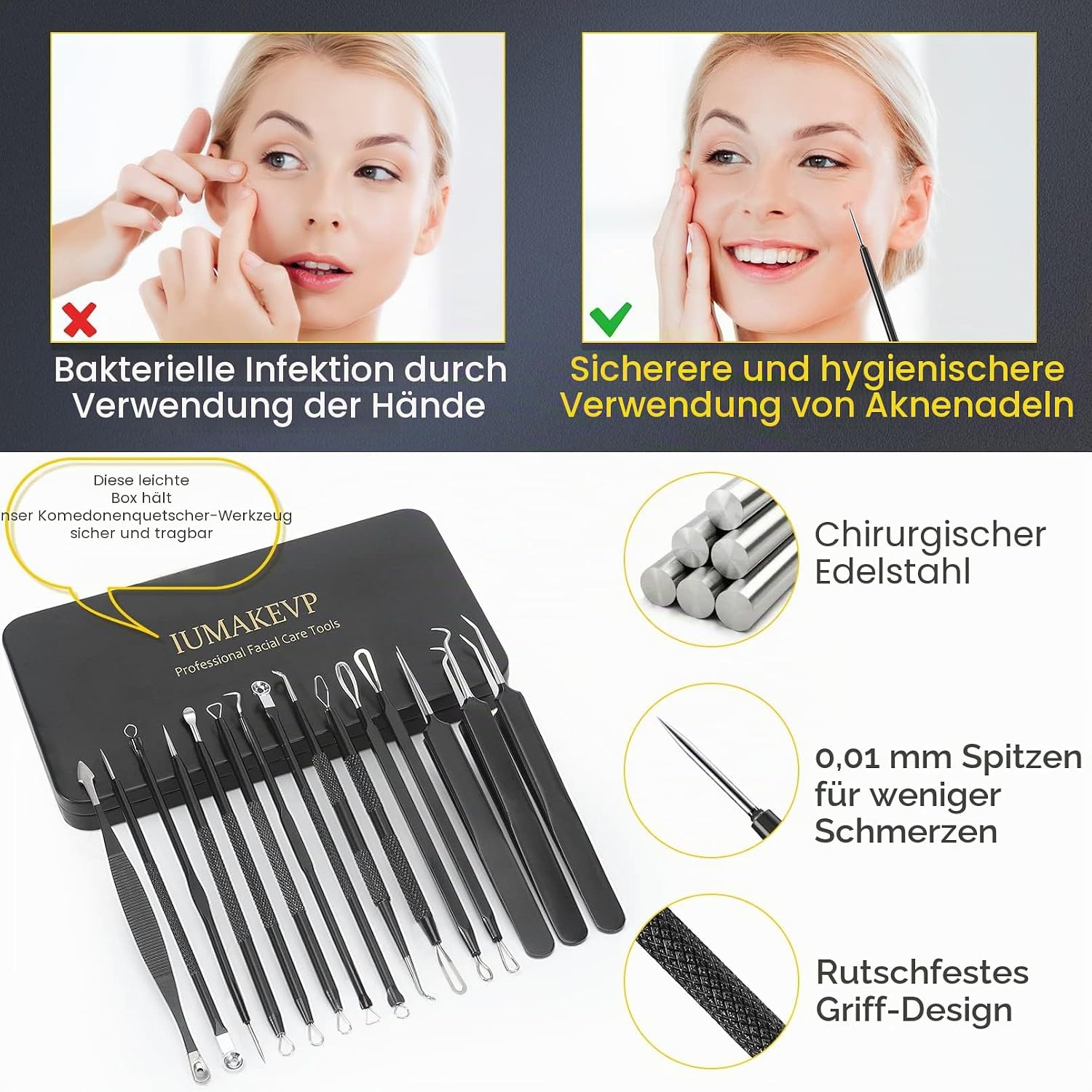 Thumbnail 6 de IUMAKEVP Mitesserentferner Komedonenquetscher Set 15-tlg