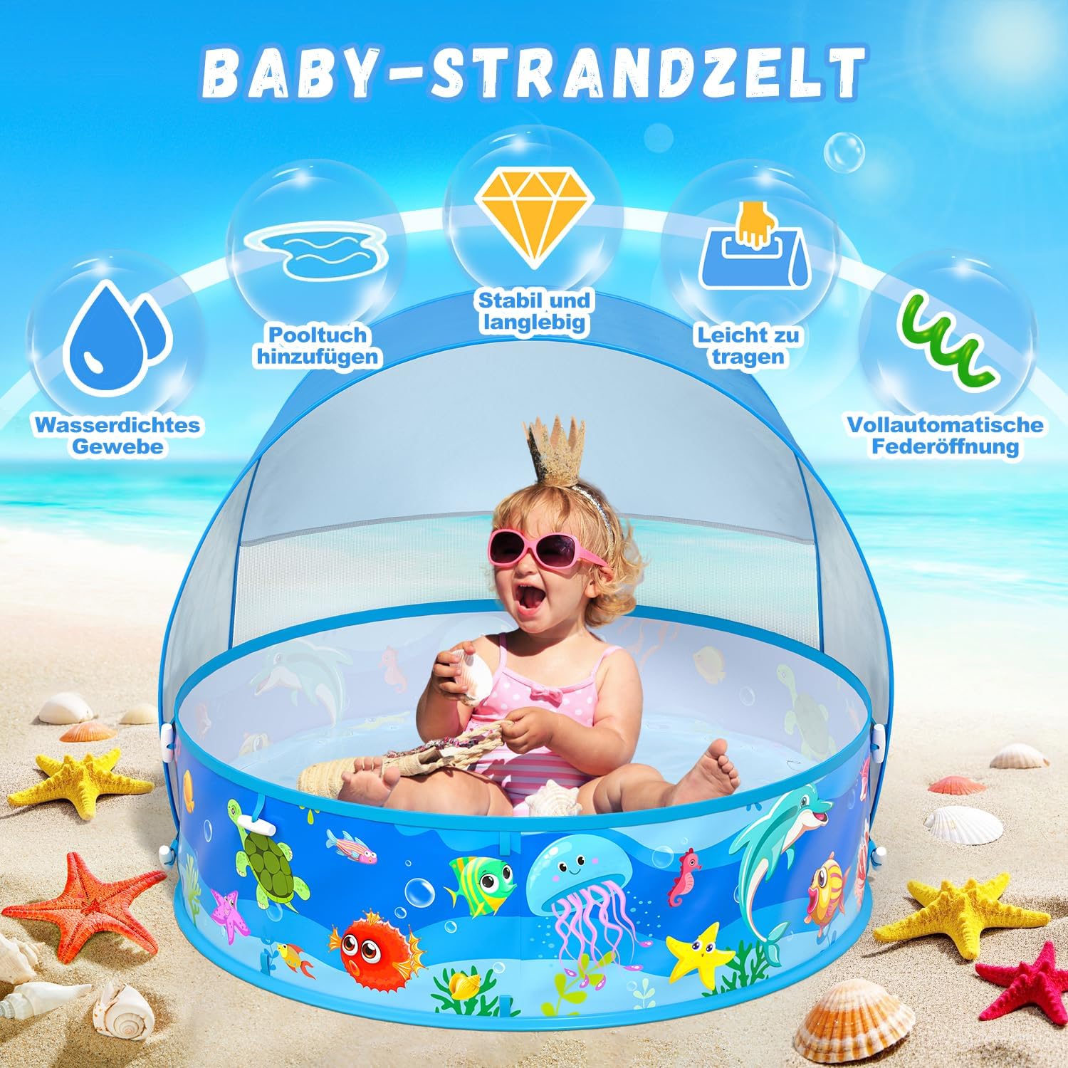 Thumbnail 6 de Baby Planschbecken mit Dach – 4-in-1 Pop-Up Strandmuschel für sicheren Wasserspaß und Sonnenschutz