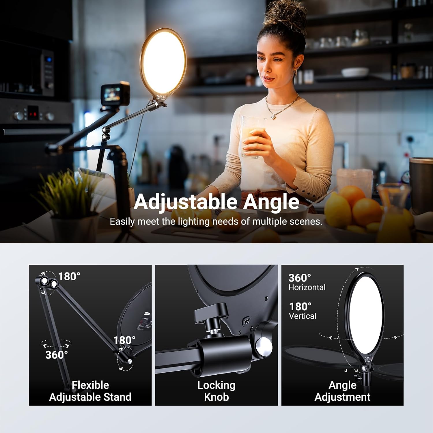 Detalle de Neewer Basics 10.5" Streaming Key Lighting ring light with desk clamp stand (3000–6500K, 15W)