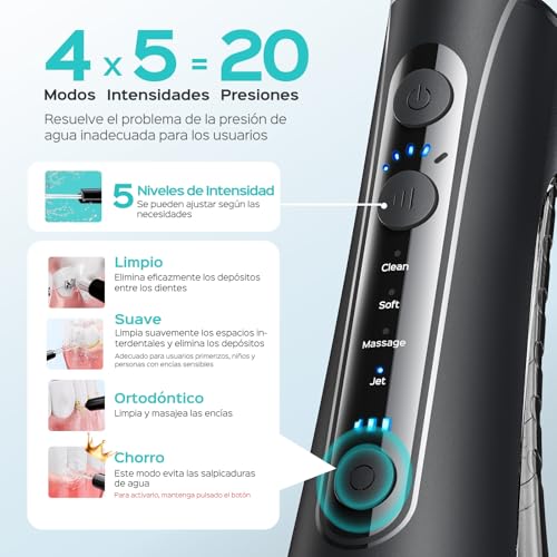 Detalle 2 de COSLUS Irrigador Dental Bucal Portátil con 4 Modos y 20 Intensidades | IPX7, 4 Boquillas