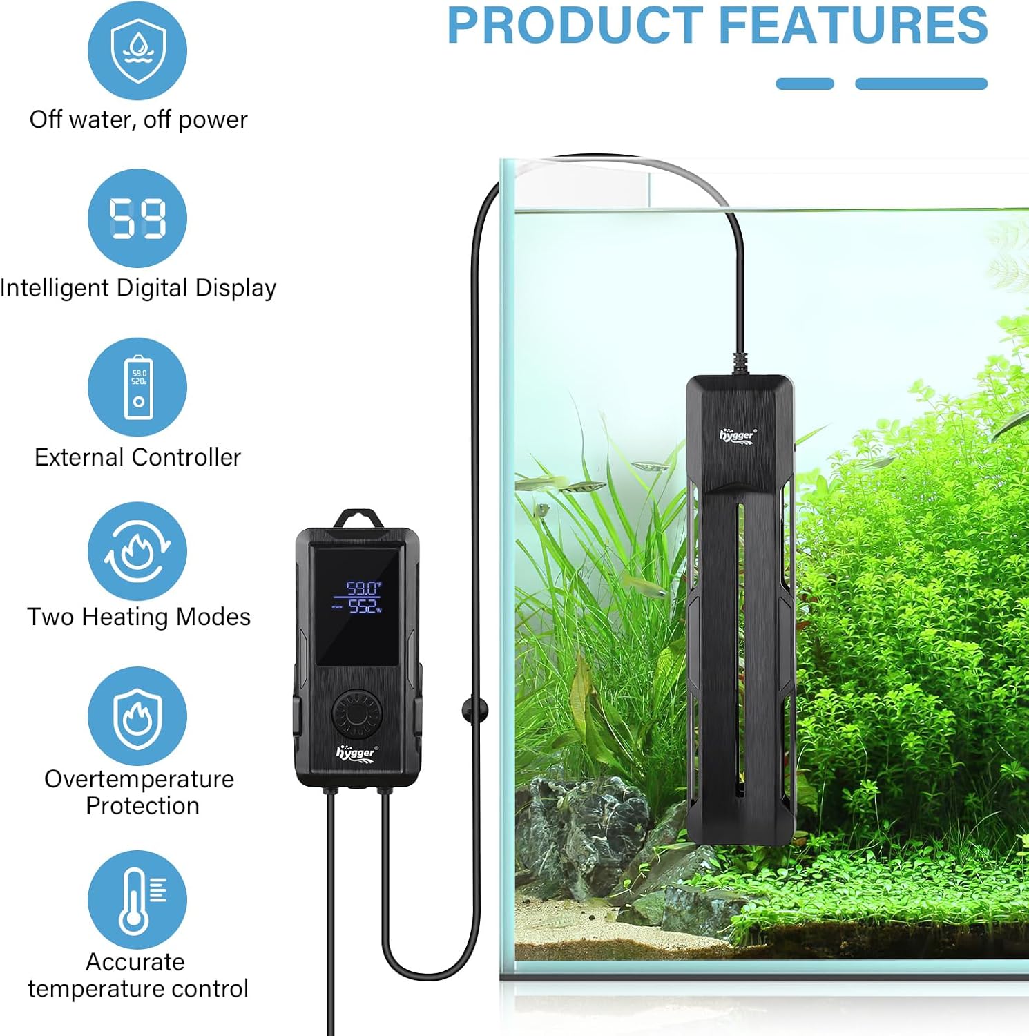 Thumbnail 5 de hygger Submersible Aquarium Heater 500W digital thermostat for 220–510 L fish tanks