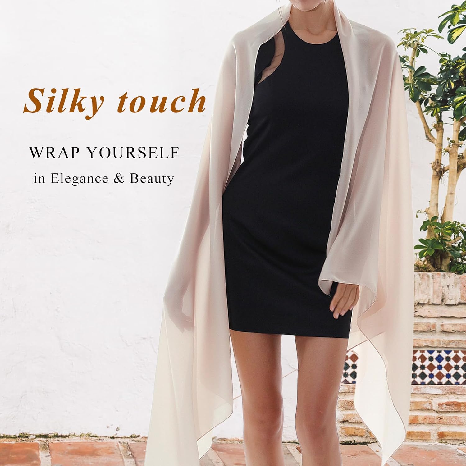 Thumbnail 2 de RIIQIICHY Foulard Sciarpa Seta Donna Beige: leggerezza elegante per cerimonie e sera