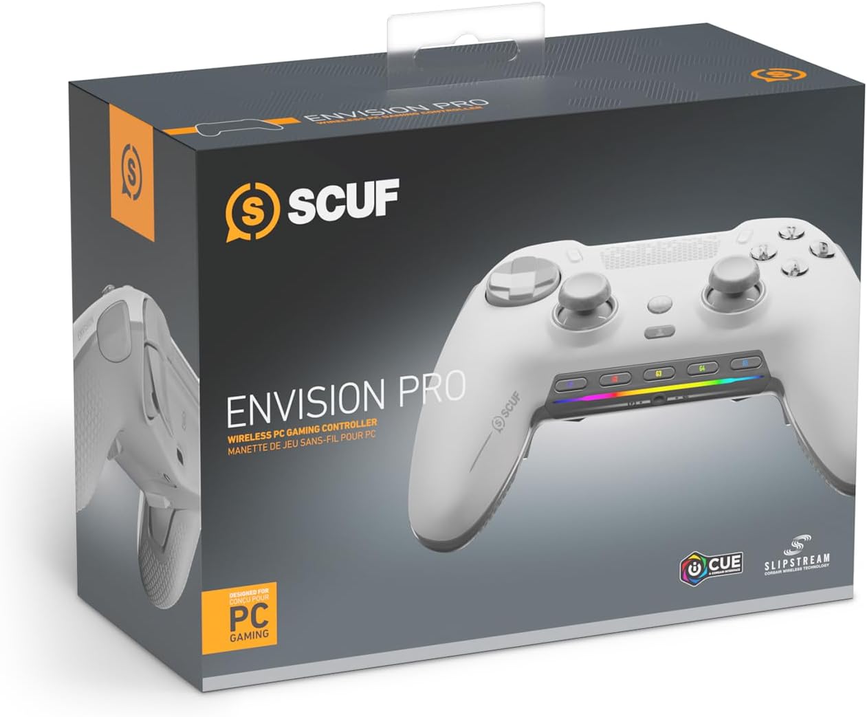 Detalle de SCUF ENVISION PRO Wireless V1 (2023): controller PC con 5 G-Key programmabili, paddle posteriori e integrazione iCUE