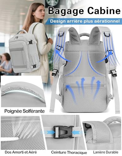 Detalle de KLOSTAIN Sac à dos Voyage Cabine 40x30x20 cm – 24 L, Anti-vol, Gris Clair
