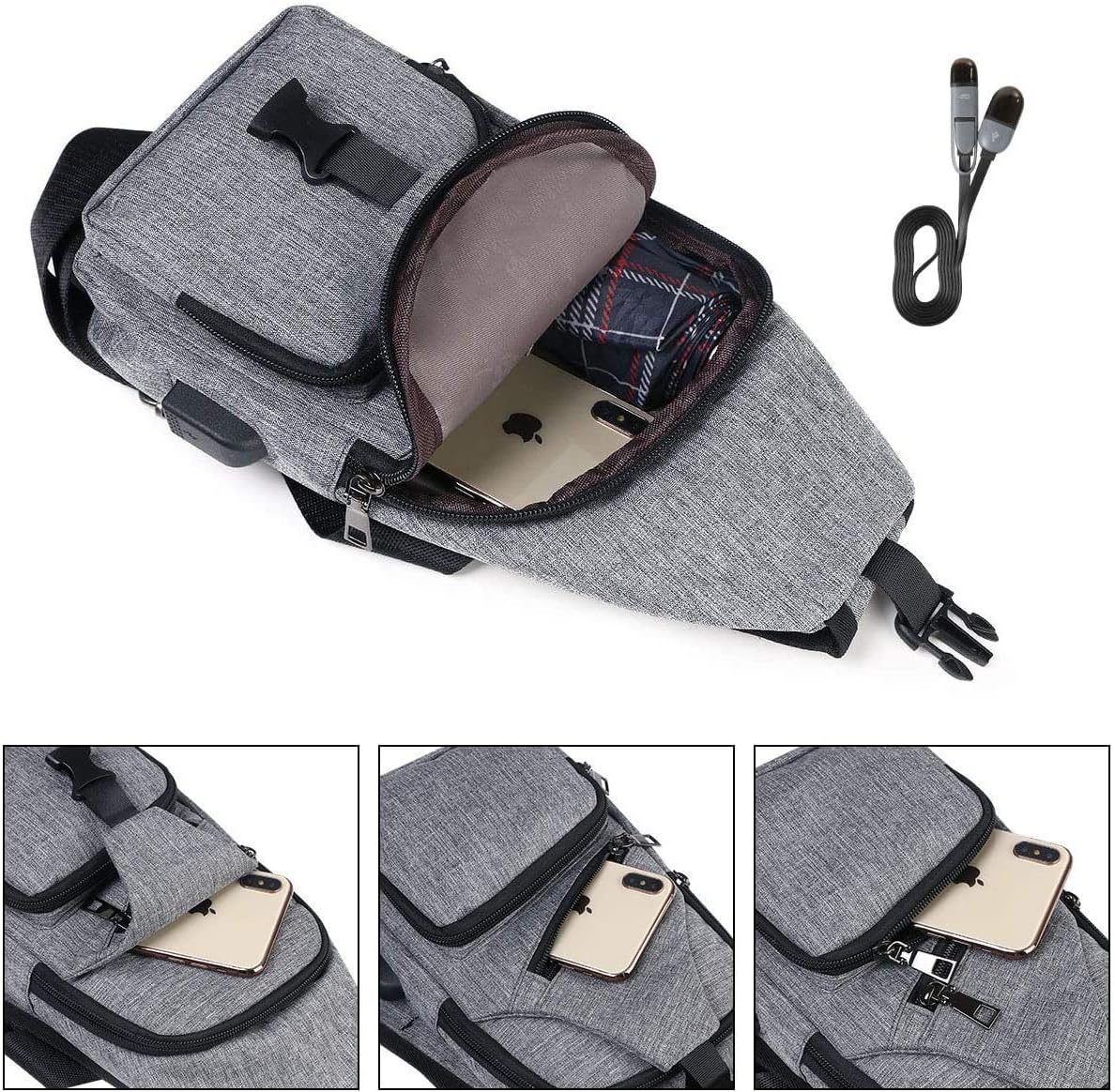 Detalle 2 de flintronic Sling Bag with USB Charging Port – water-repellent crossbody/chest bag for hiking, cycling and travel