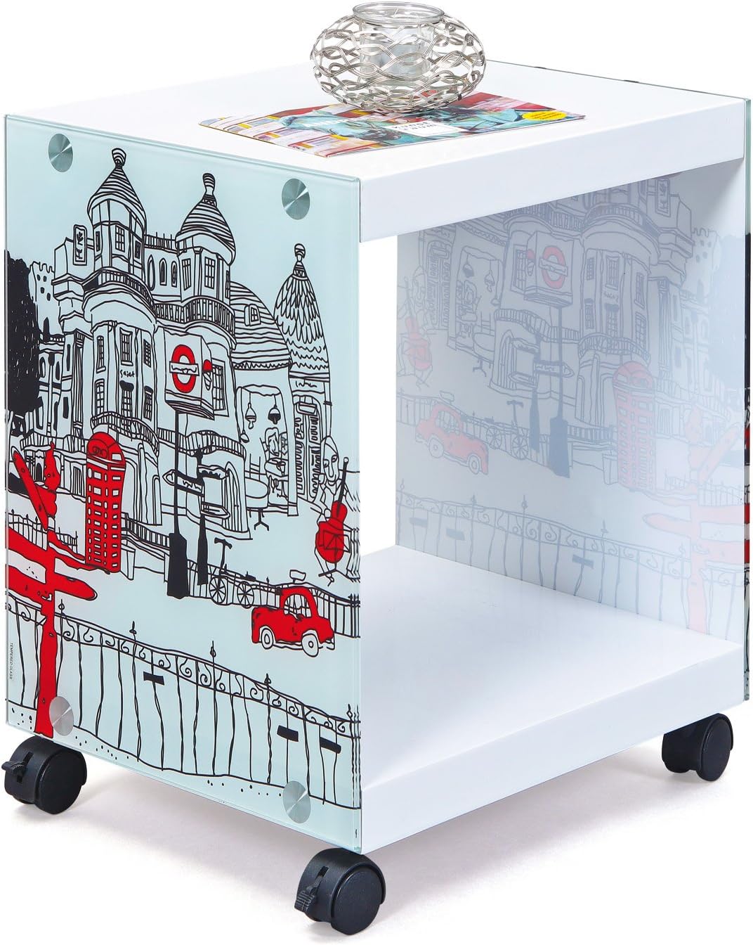 Detalle de Inter Link Tavolino – Comodino London Cube: stile moderno in vetro e MDF, 38 x 33,5 x 46 cm