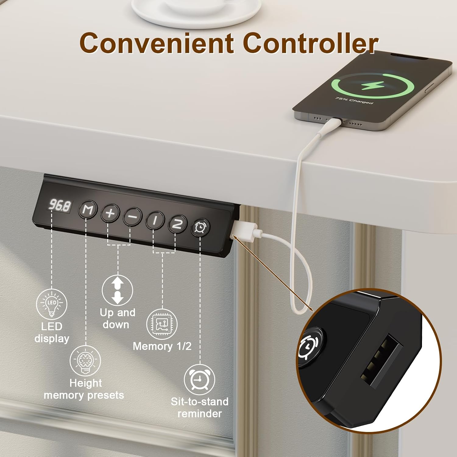 Detalle de JUMMICO Scrivania Regolabile in Altezza con Caricatore USB – 140 x 60 cm, standing desk